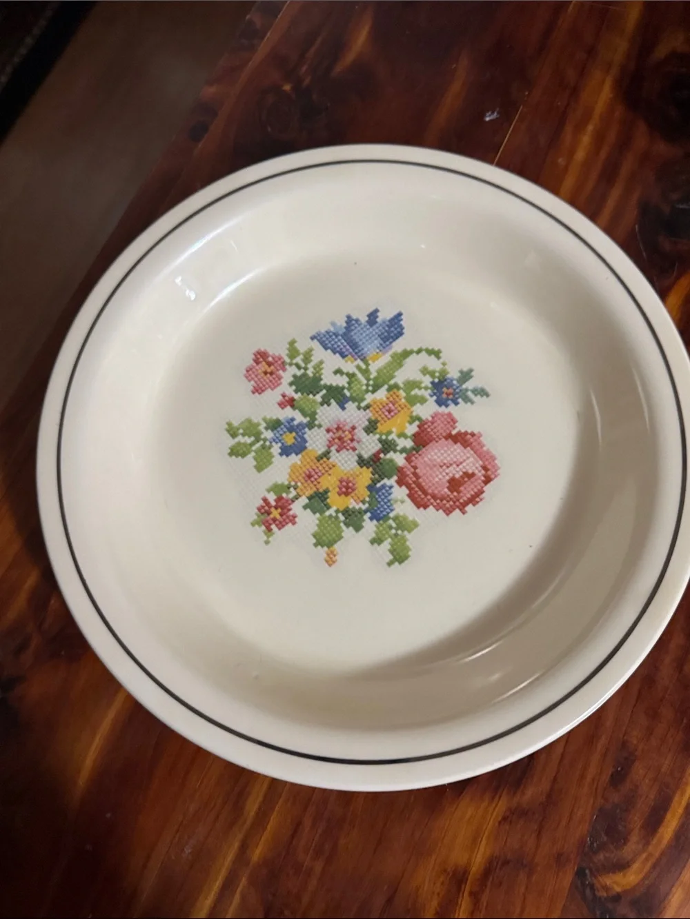 Vintage Floral Covered Serving Bowl - Cream with Pink & Blue Flowers